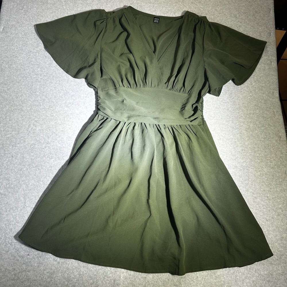 SHEIN Olive Green V-Neck Flutter Sleeve Empire Waist Mini Dress XL 12